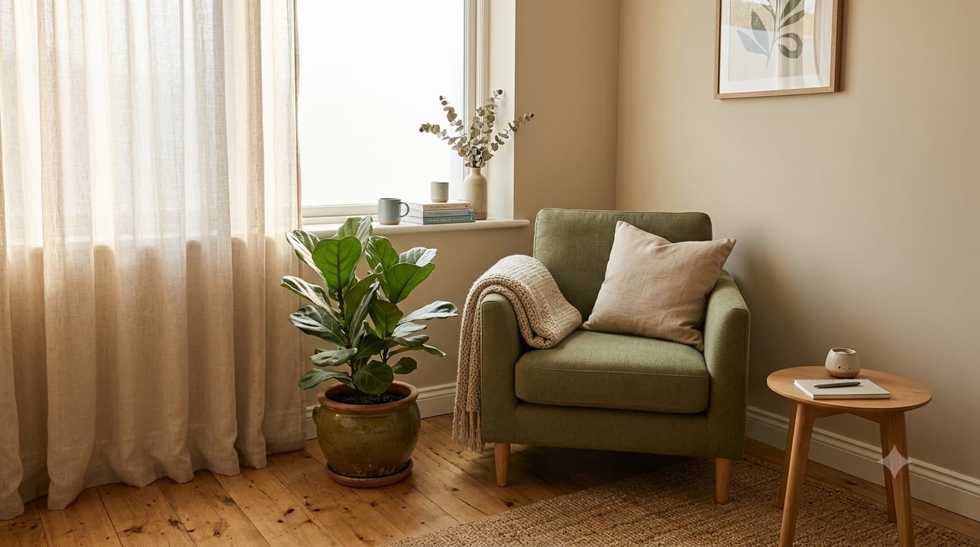 Un rincón tranquilo con una butaca, luz suave de ventana y una planta